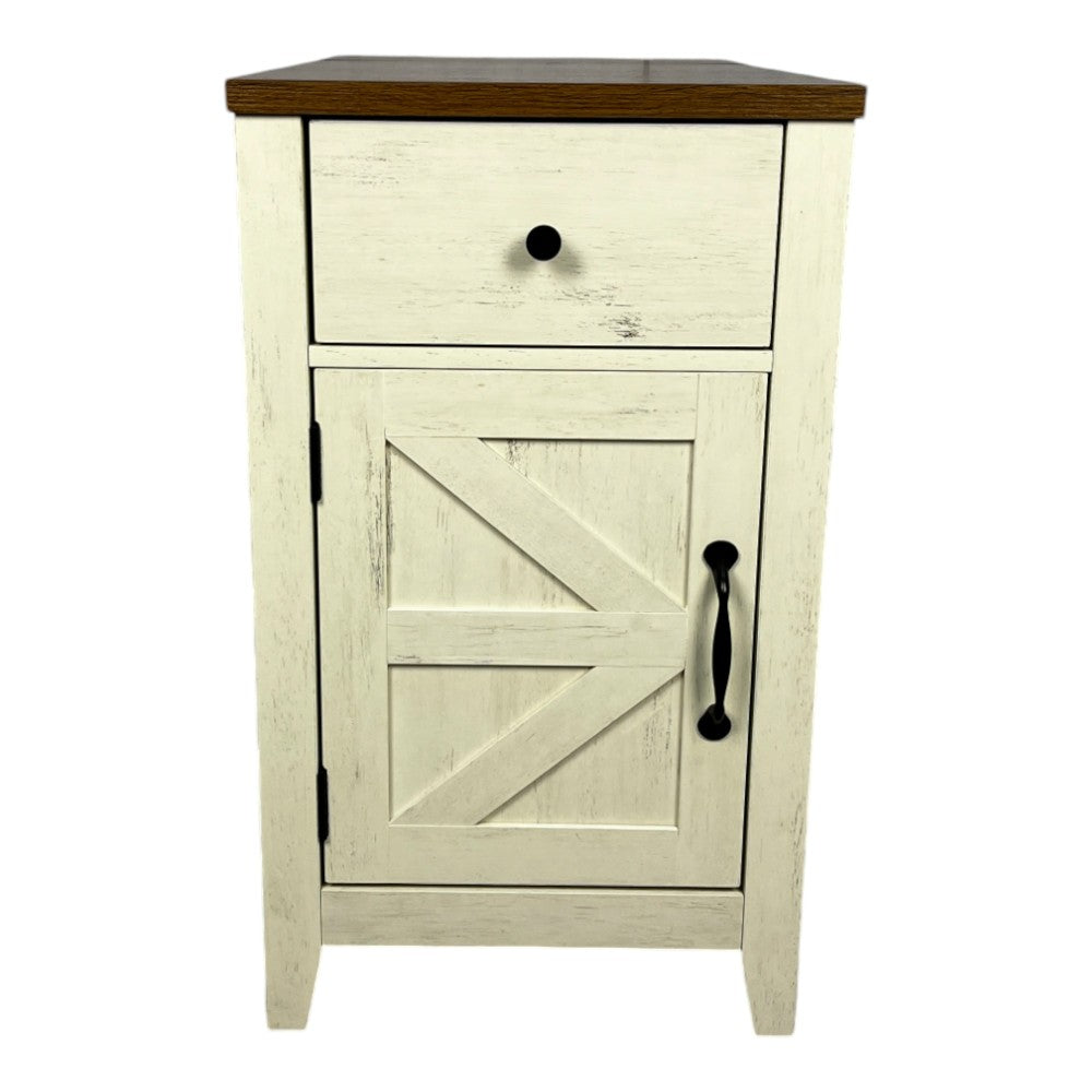 SunJet Farmhouse End Table Bedside Table with Charging Station,Night Stand with Barn Door and Drawer, Storage for Bedroom Living Room ,Bedside Table,  White+Black color