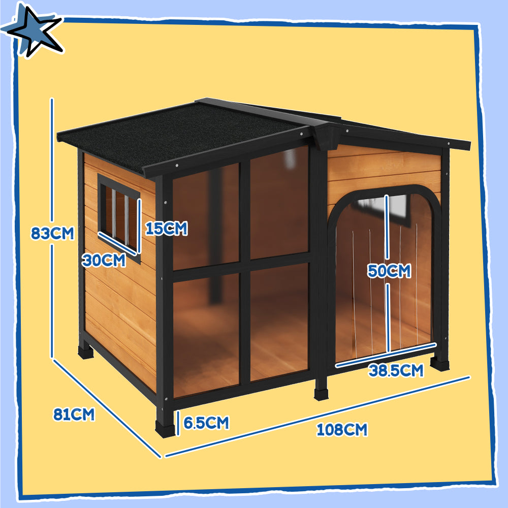 PawHut Outside Cabin-Style Wooden Dog House for Large Dogs with Openable Roof & Giant Window, Outdoor & Indoor Big Dog House, Asphalt Roof, Yellow