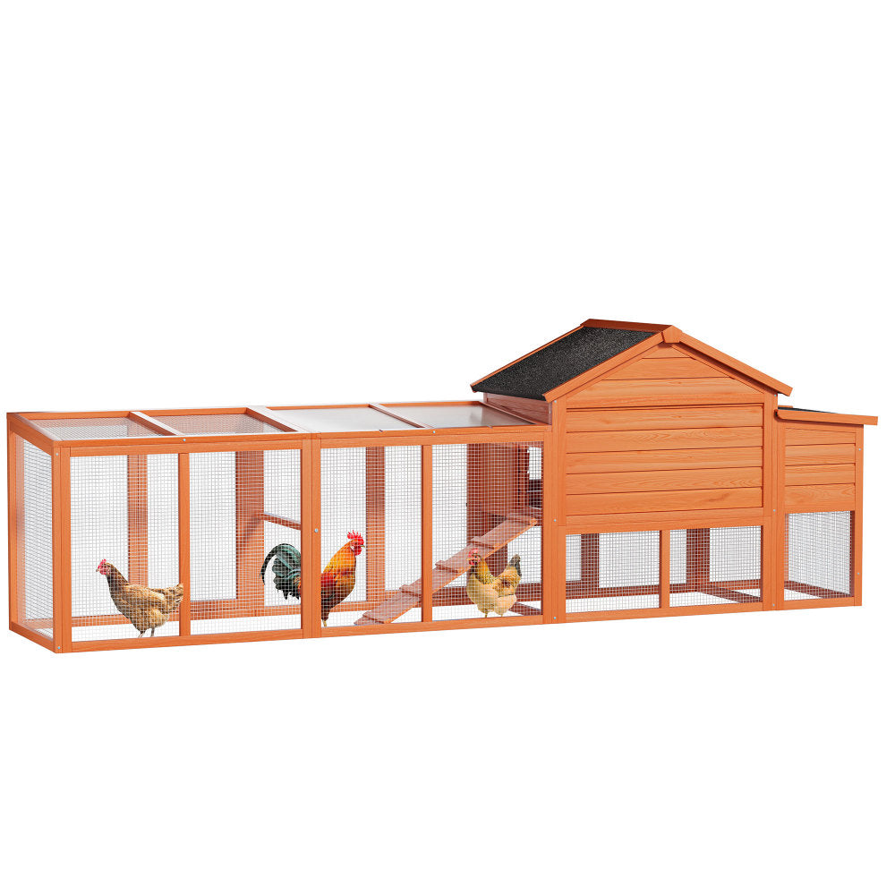 113.5" Large Wooden Chicken Coop Outdoor Hen House with Run, Waterproof Roof & Nesting Box, Secure Lock, Removable Tray, Ramp & Perch for 2–4 Chickens or Small Pets