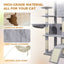 84.6 in Light Gray Cat Tree Tower with Wide Base, 3 Large Hinding Condo,  11 Sisal Scratching Post, Sisal Scratching Ladder,  2 Hammocks, Large Top Platform,  Many landing Perch and Interactive toy