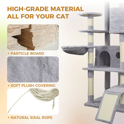 84.6 in Light Gray Cat Tree Tower with Wide Base, 3 Large Hinding Condo,  11 Sisal Scratching Post, Sisal Scratching Ladder,  2 Hammocks, Large Top Platform,  Many landing Perch and Interactive toy