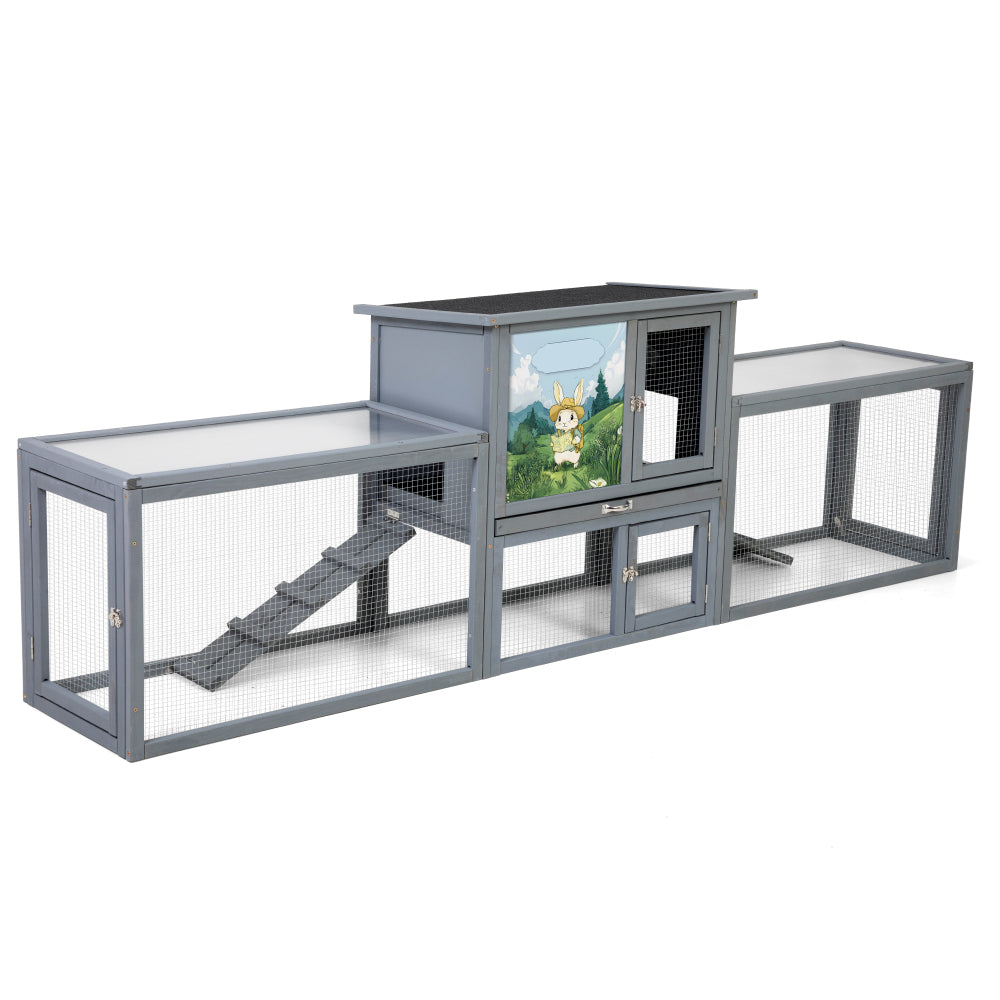 Large 2-Story Outdoor Rabbit Hutch, Bunny House with Dual Runs, Resting Room, PC Sun Roof, Pull-Out Tray, Ramps & Doors, Weatherproof Guinea Pig Cage Enclosure, Gray with Colorful Patterns