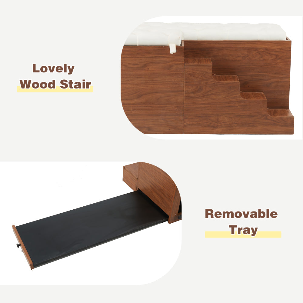 56"L, Furniture Style 2 in 1 Dog Crate with Padded Seat, Sliding Barn Door, Luxury Wooden Dog Kennel, End of Bed Bench Ottoman with Removable Cushion for Bedroom, Living Room, Walnut