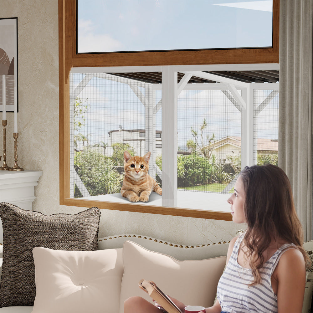 Cat Window Box, 43.3" Catio Outdoor Cat Enclosure for Sunbathing, Napping & Viewing, Window Perch for Large Indoor Cats - All Weather Use, Cat Cage