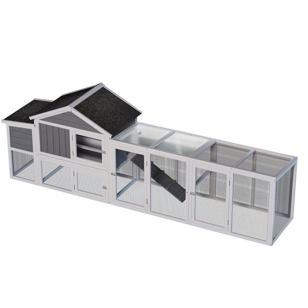 113.5" Gray Large Wooden Chicken Coop Outdoor Hen House with Run, Waterproof Anti-UV Panel & Nesting Box, Secure Lock, Removable Tray  for 2–4 Chickens or Small Animals