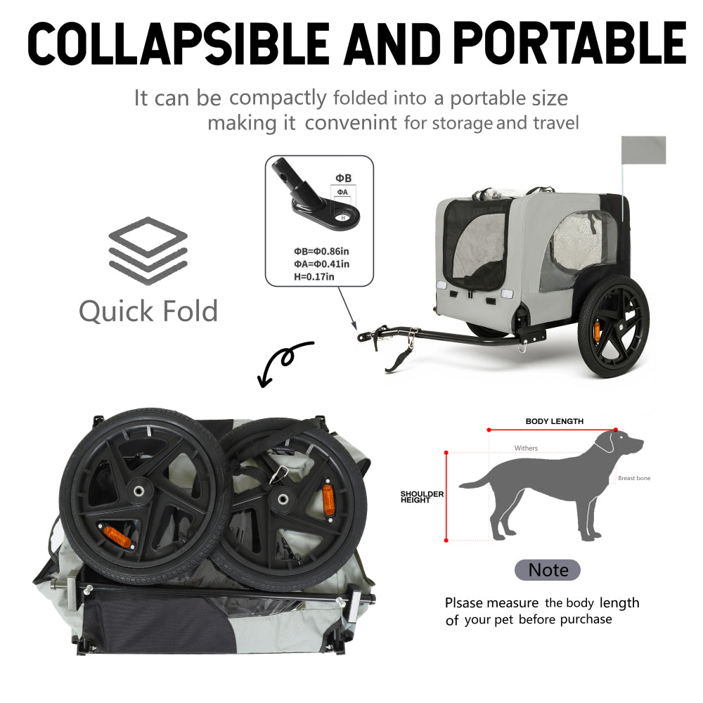 Outdoor Heavy Duty Collapsible Pet Bike Trailer with 16-Inch All-Terrain Wheels & Universal Hitch – Foldable Dog/Cargo Carrier Cart for Bicycles, black+grey