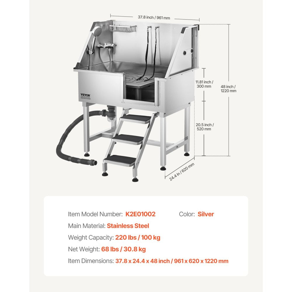 38" Dog Grooming Bath Tub Stainless Steel w/ Stairs Faucet Showerhead