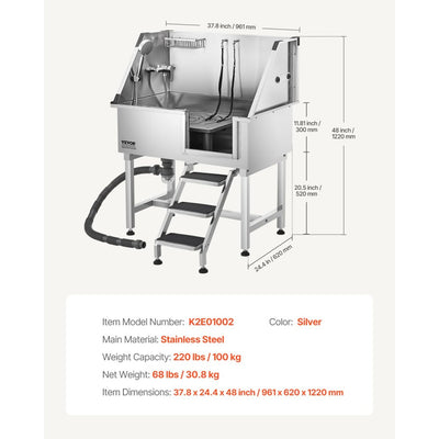 38" Dog Grooming Bath Tub Stainless Steel w/ Stairs Faucet Showerhead