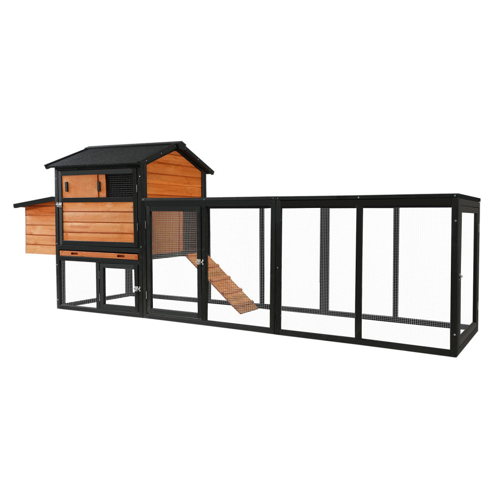large main house,brown+black Wooden Chicken Coop, Large Outdoor Hen House with Run and Nesting Box Poultry Cage, Rabbit Hutch, Waterproof Anti-UV Panel for Backyard
