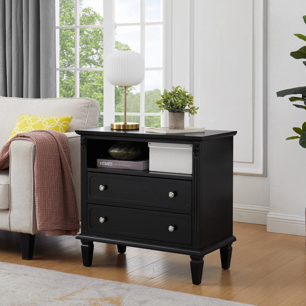 SunJet Open Space and 2 Drawers Dresser Nightstand with Charging Station, Farmhouse End Table with USB Ports and Outlets, Fluted Pilasters Design Side Table with Solid Wood Legs for Bedroom