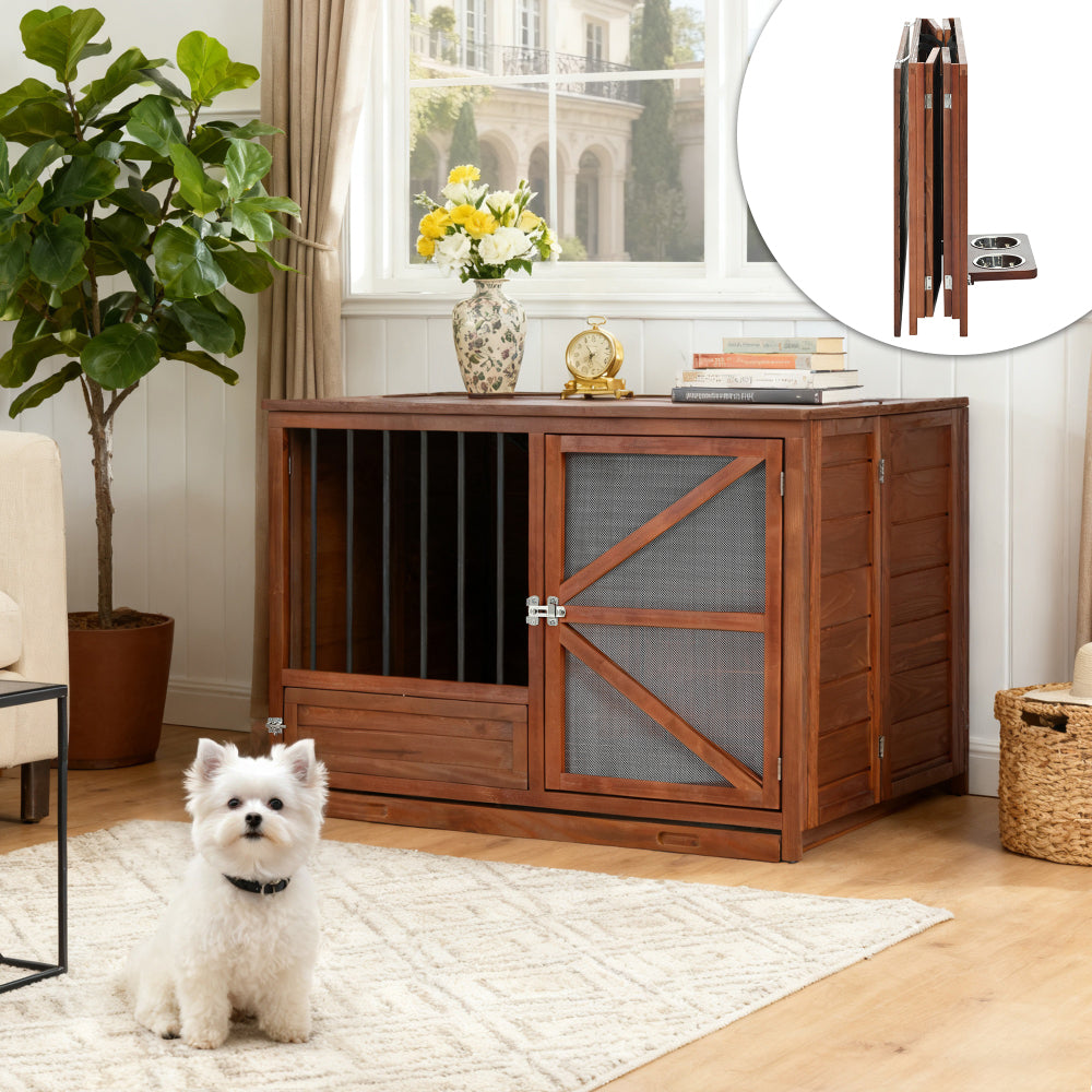 33" Solid Wood Dog Crate Furniture, Foldable Indoor Kennel with 360° Rotating Feeder Multi-Functional End Table for Small & Medium Dogs, Portable Pet Cage with Removable Tray & Easy Assembly