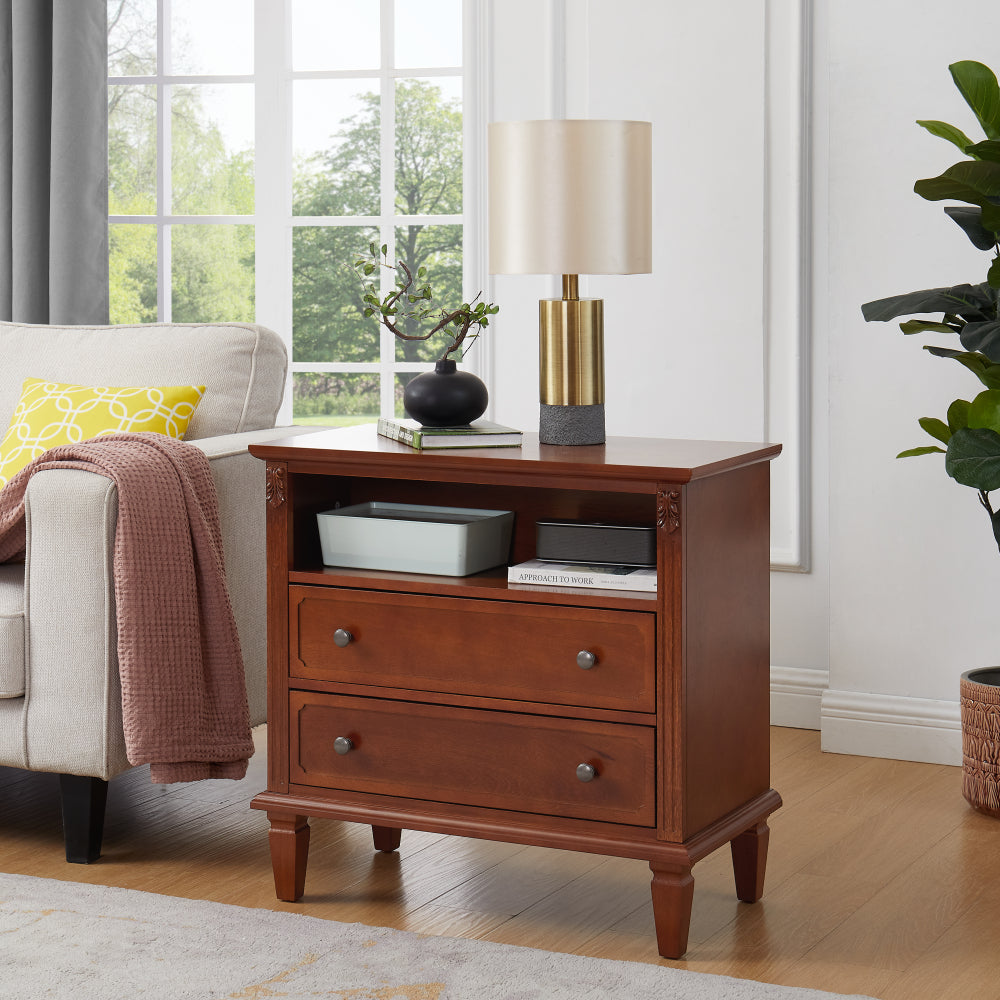 SunJet Open Space and 2 Drawers Dresser Nightstand with Charging Station, Farmhouse End Table with USB Ports and Outlets, Fluted Pilasters Design Side Table with Solid Wood Legs for Bedroom