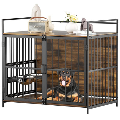 Furniture Style Large Dog Crate with 360° & Adjustable Raised Feeder for Dogs 48"