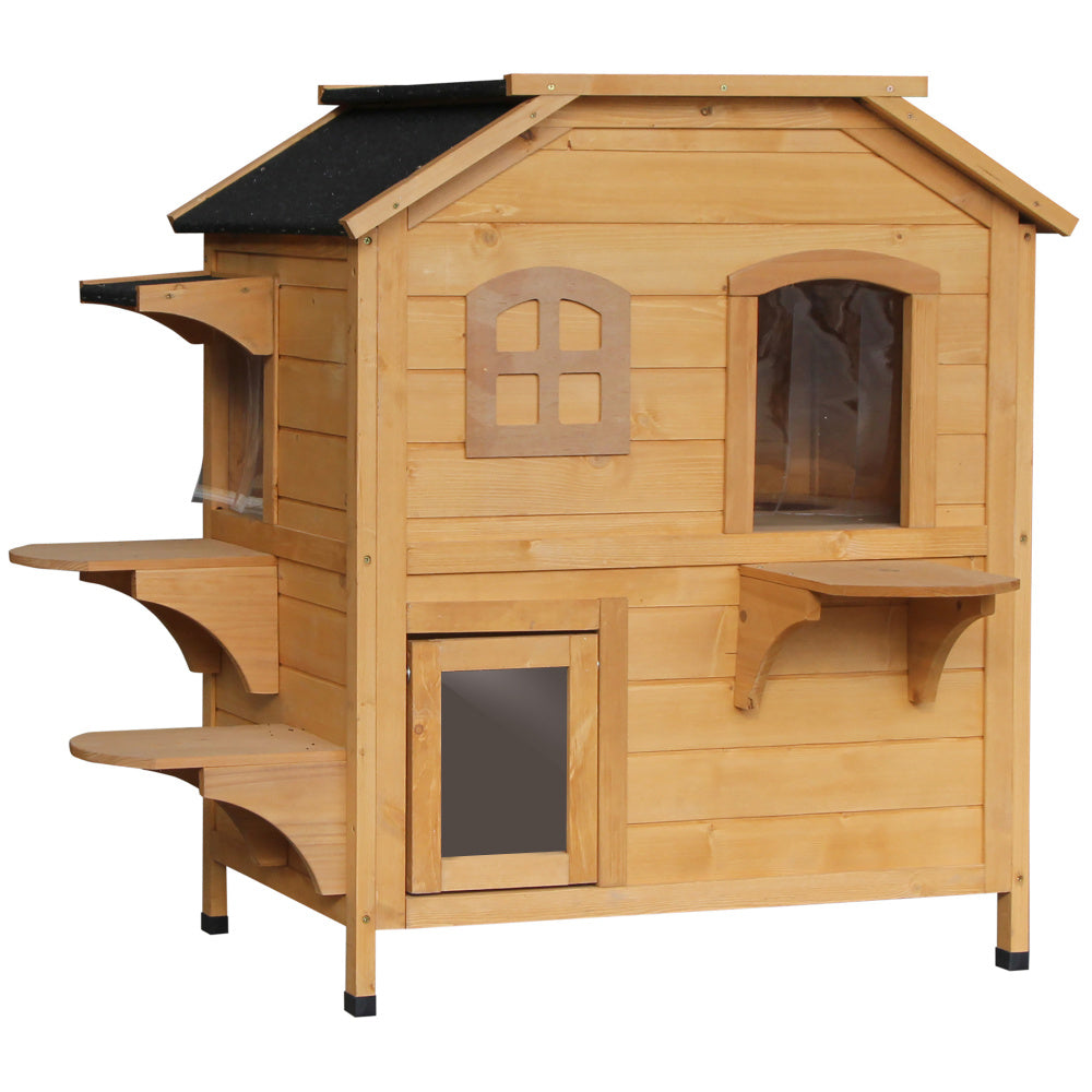 PawHut 2-story Cat House Outdoor, Weatherproof Wooden Cat Enclosure for Feral Cats with Escape Door, Openable Roof, Jumping Platforms, Natural