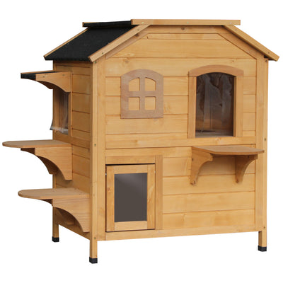 PawHut 2-story Cat House Outdoor, Weatherproof Wooden Cat Enclosure for Feral Cats with Escape Door, Openable Roof, Jumping Platforms, Natural