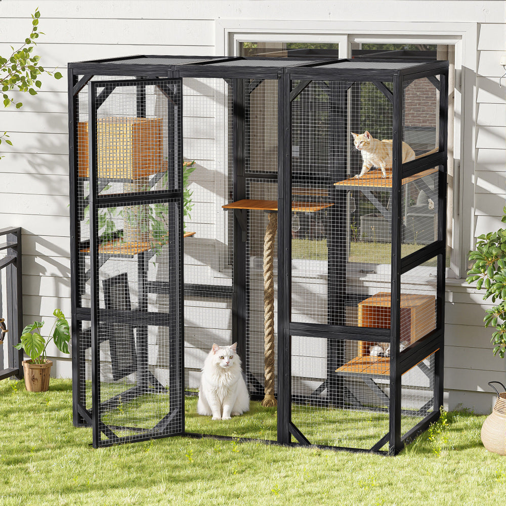 Outdoor Cat House, DIY Cat Enclosure, Cat Catio with Double Enter Doors, 62.8"L x 32.2"W x68.5"H Balcony Cat Playpen with Platforms and Two Condos for 1-3 Cats, Light Grey