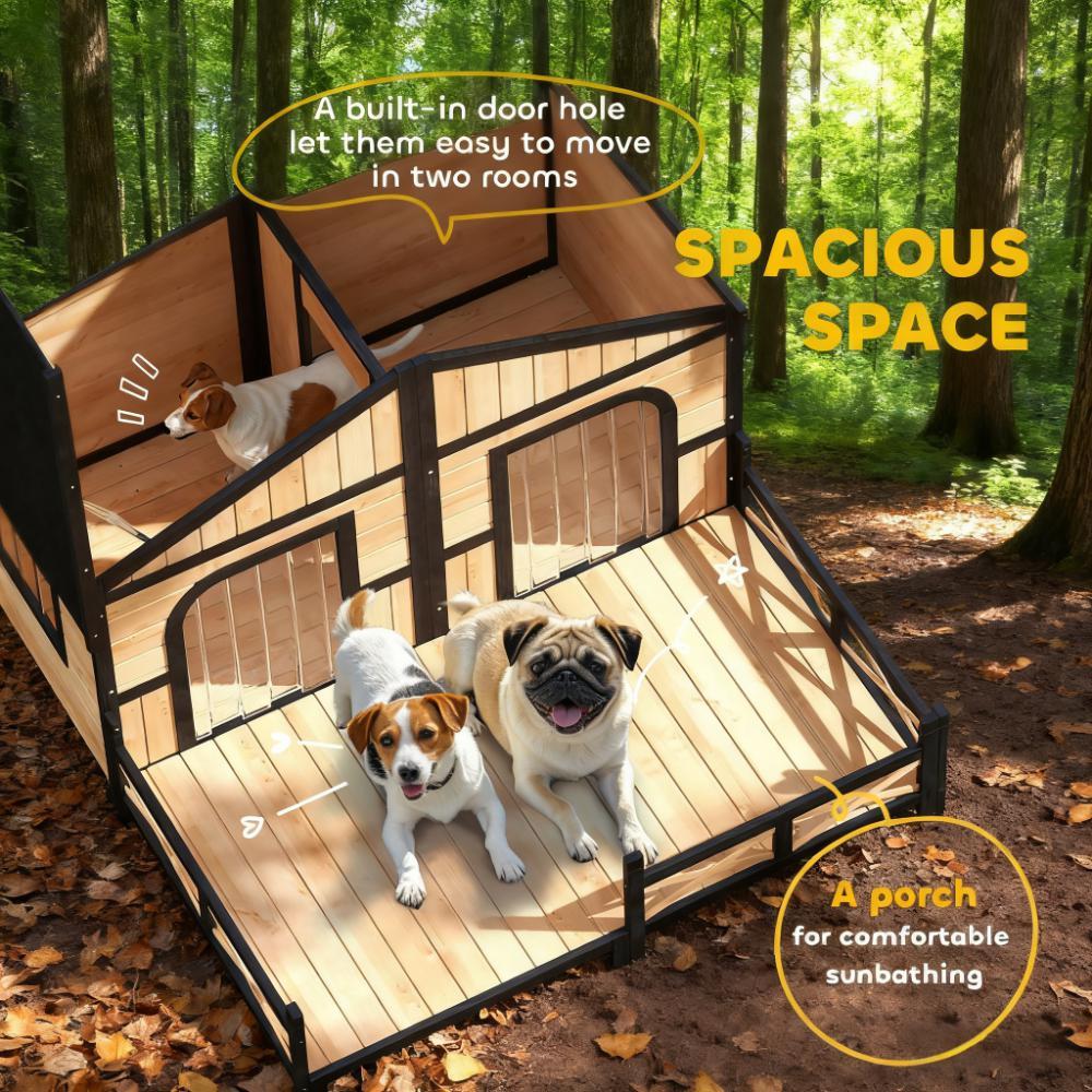 Dog House Wooden Dog Kennel Weatherproof with Porch, Openable Roof, Removable Bottom, Elevated Floor, Double Room