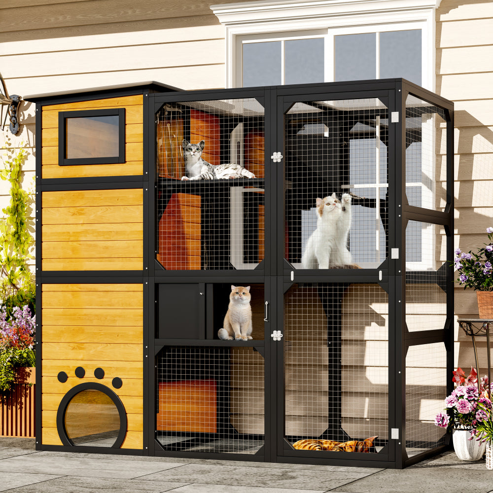 GO Large Cat Catio 4 Tiers Cat Enclosure for Outdoor, Cat House Weatherproof Attached to Window for Multiple Cats with Platforms and Resting Rooms, Brown