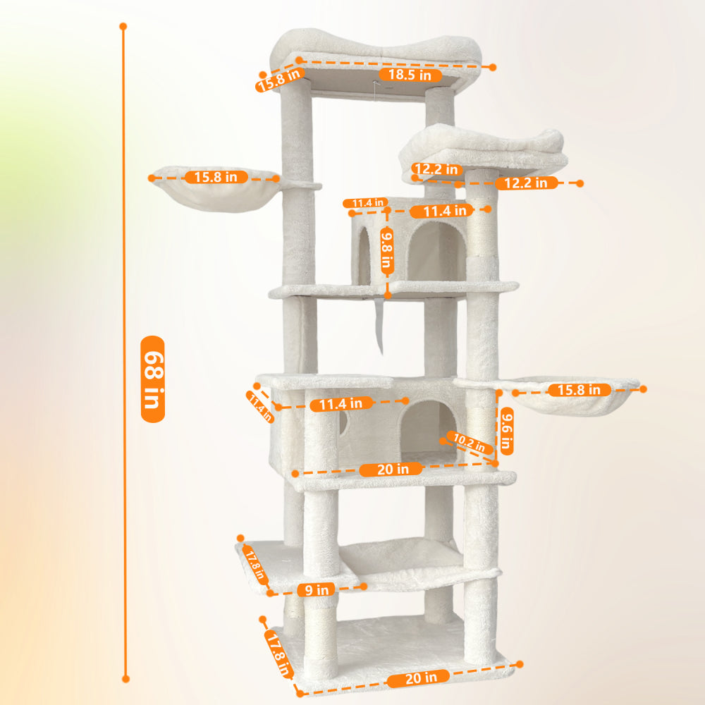 68in Tall Multi-Level Green Cat Tree with Hammocks, Hanging Basket, Cat Cave, Removeable Cushion, Scratching Posts - Plush Cat Tower for Indoor Cats, Perfect for Multiple Cats Beige