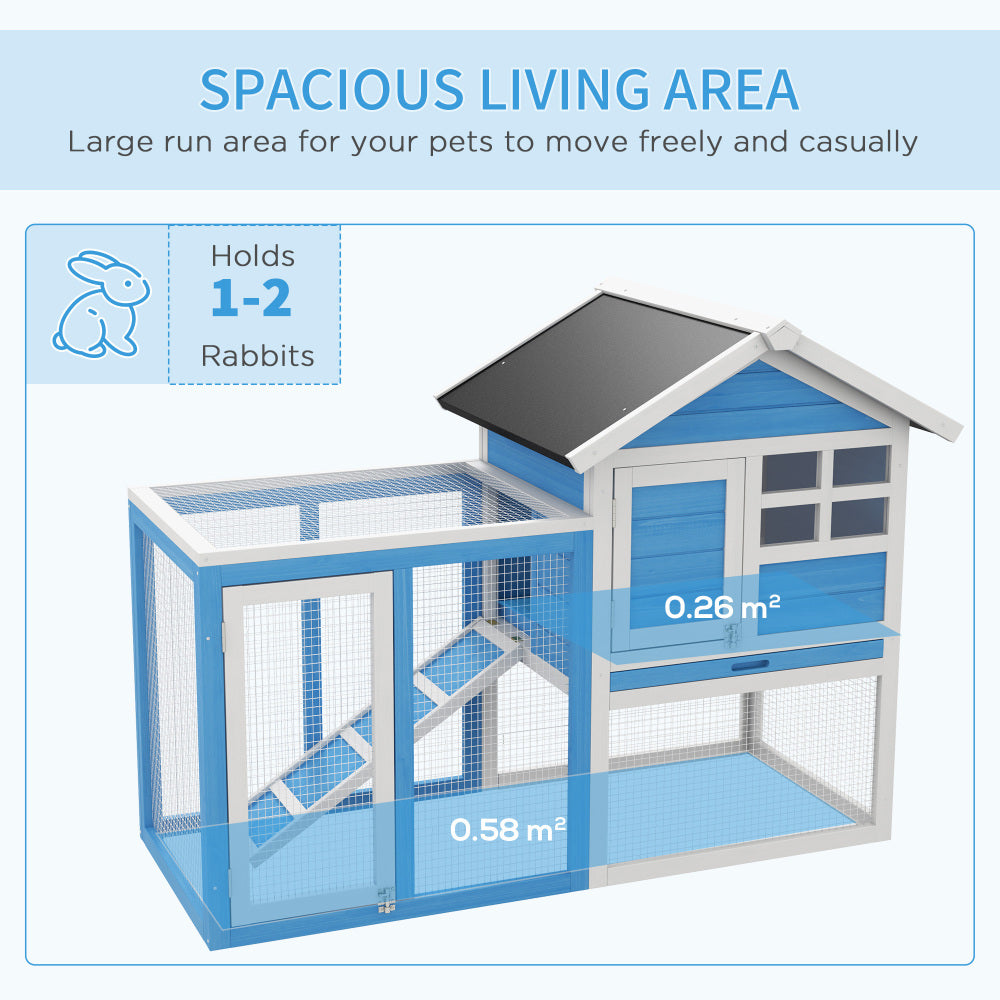 PawHut 48" Wooden Rabbit Hutch Bunny Cage with Waterproof Asphalt Roof, Fun Outdoor Run, Removable Tray and Ramp, Light Blue