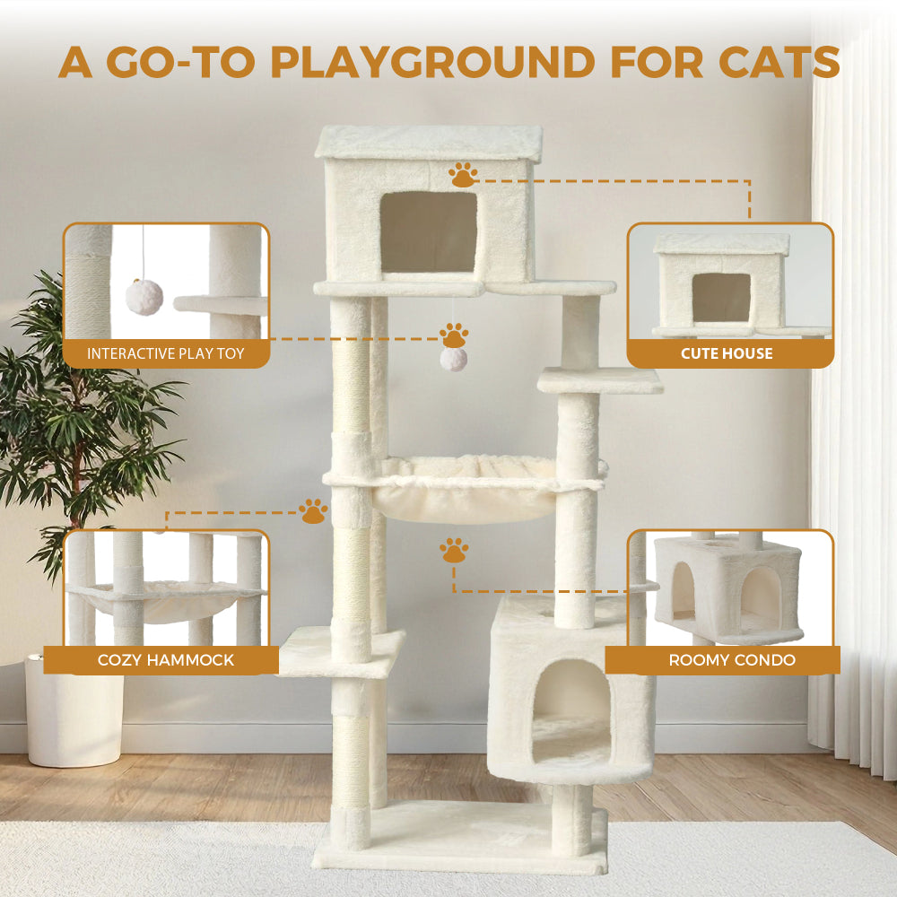 Beige Multi-Level Cat Tree with Unique Cat House, Hammock, Scratching Posts - Plush Cat Tower for Indoor Cats, Ideal for Multiple Cats 64in