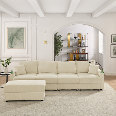 L-Shaped Couch  Modern 4 seats Sofa Chair with Storage, with  Ottoman, Deep Seat Sofa with Cup Holders & Phone Holder , Beige Corduroy Couch for Living Room