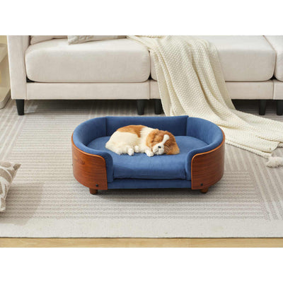 Scandinavian style Elevated Dog Bed Pet Sofa With Solid Wood legs and Walnut Bent Wood Back, Dark Blue Velvet,Mid Size