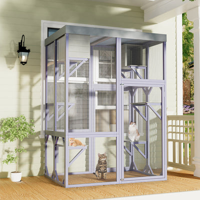 Outdoor Wooden Catio Multi-functional Cat Enclosure, 4 Platforms & 2 Napping Houses, 2 Strong Locks, Rounded Corner Design, Indoor Spacious Cage for Cats to Play Rest