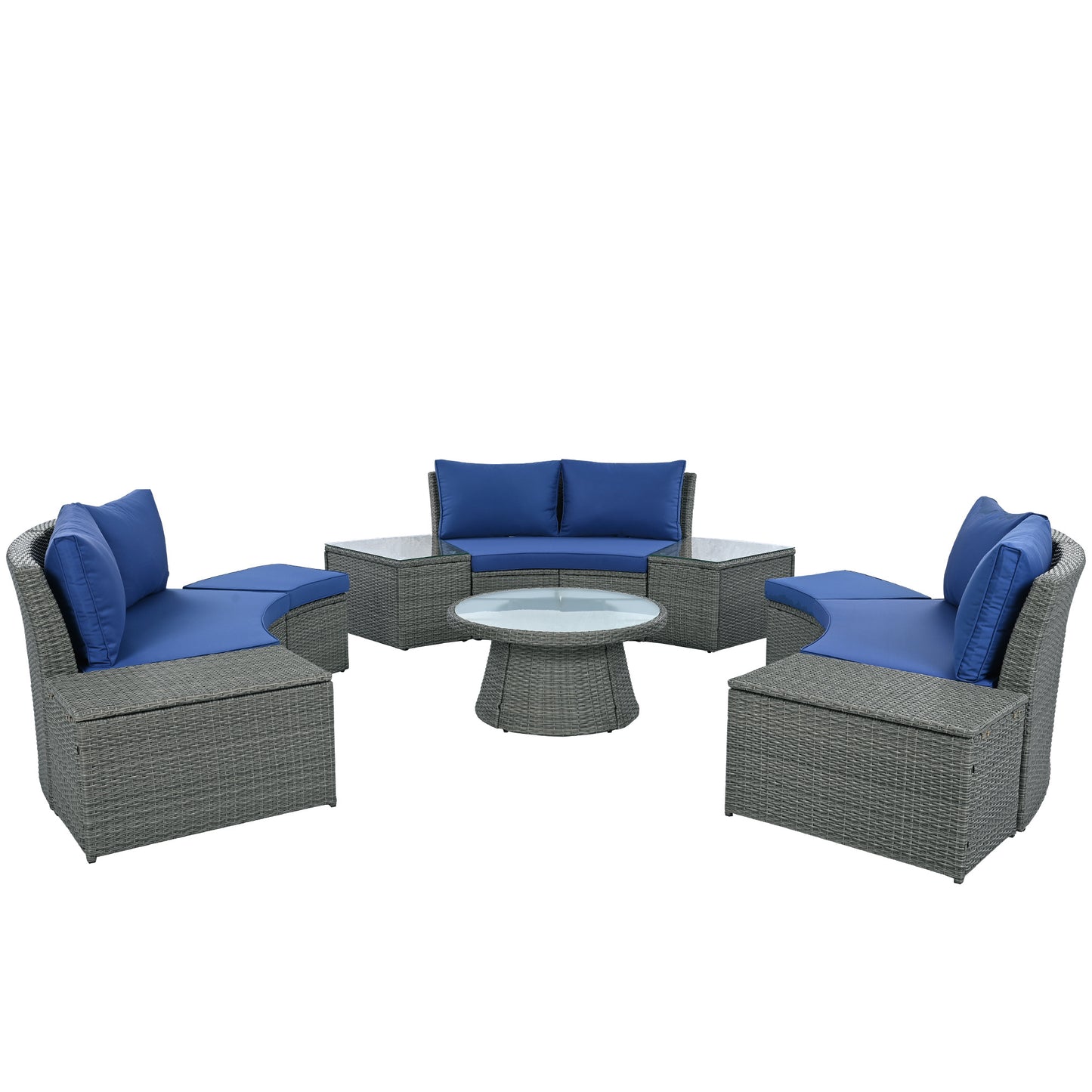TOPMAX 10-Piece Outdoor Sectional Half Round Patio Rattan Sofa Set, PE Wicker Conversation Furniture Set for Free Combination, Blue