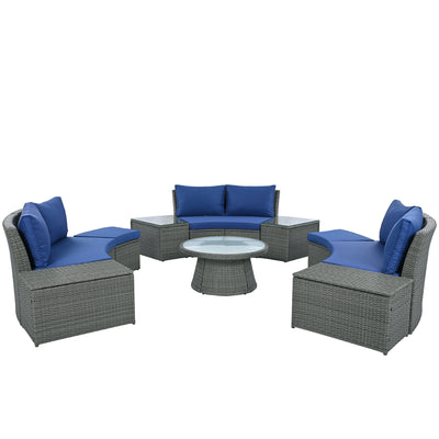 TOPMAX 10-Piece Outdoor Sectional Half Round Patio Rattan Sofa Set, PE Wicker Conversation Furniture Set for Free Combination, Blue