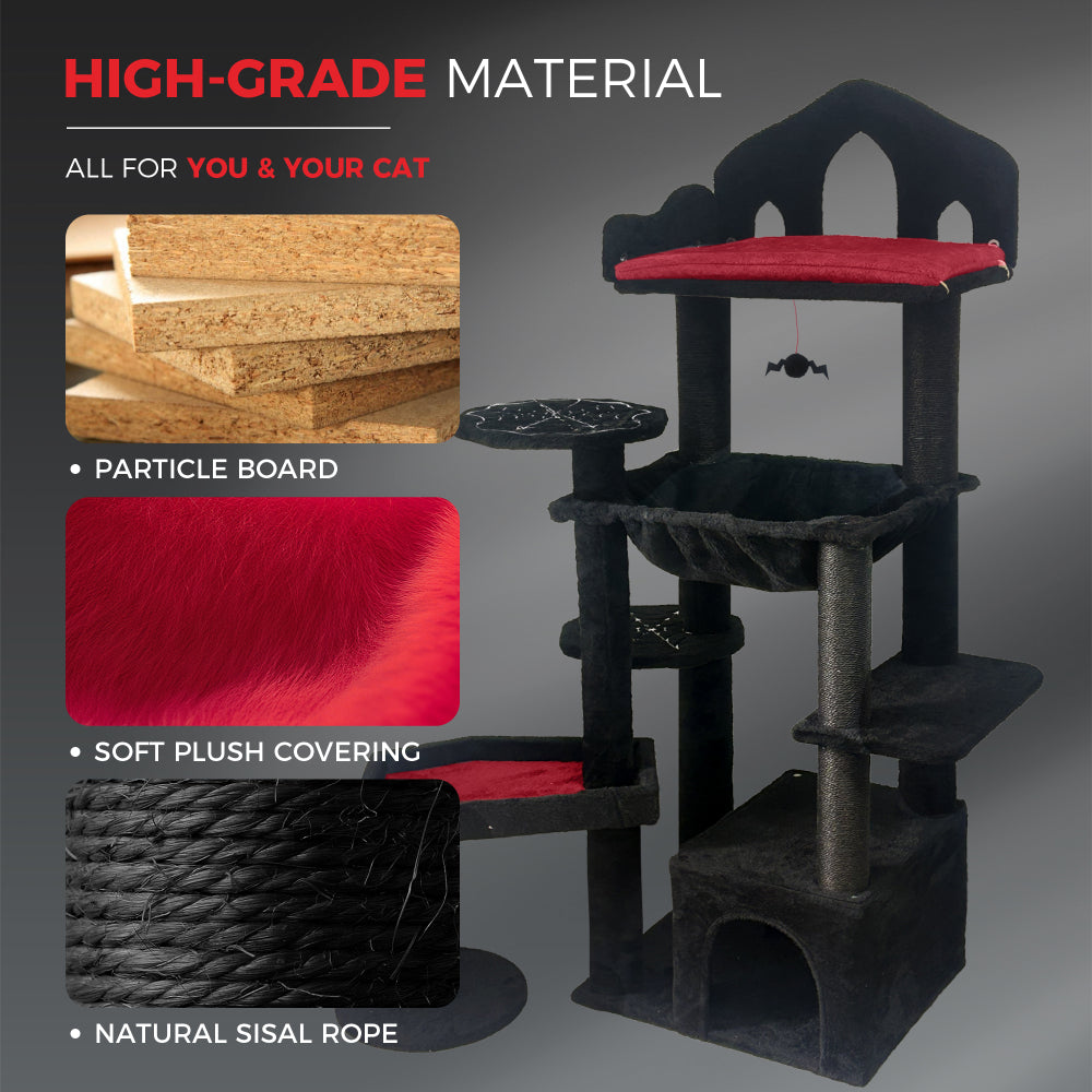 Black Gothic Cat Tree, Multi-Level Spooky Cat Tree with Scratching Posts, Perches, Hammock, and Cat Cave - Black Cat Tower for Indoor Cats with Interactive Toy, Perfect for Multiple Cats 58in