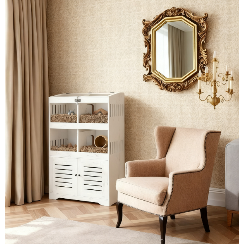 Large  Cage for Multiple Small Pets, Rat Cage with Storage Cabinet,  Cream White