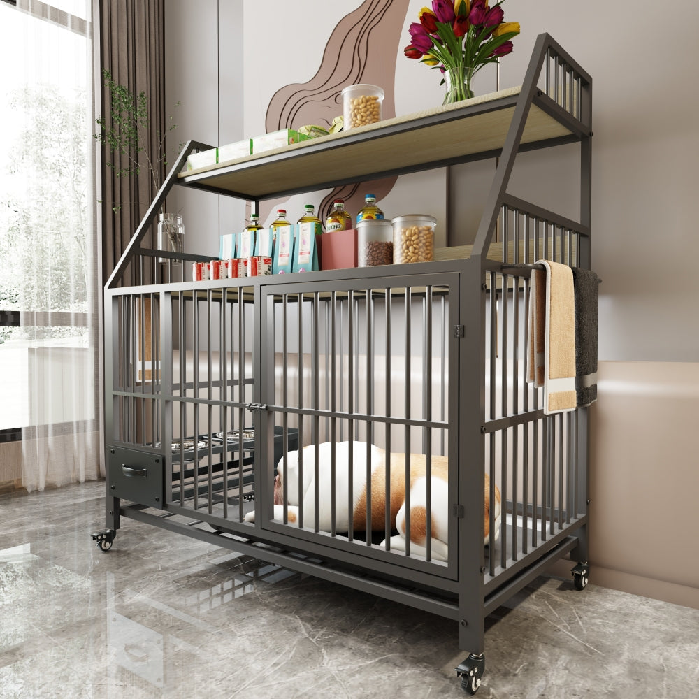 Large pet cage with storage rack, drawers with stainless steel food and water basins, double-layer storage rack made of iron frame and MDF material, sturdy, exquisite, and practical (black+beige)