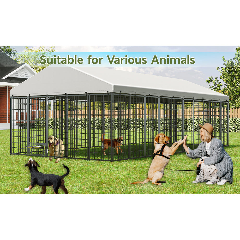 Large Dog Kennel Outdoor Pet Pens Dogs Run Enclosure Animal Hutch Metal Coop Fence with Roof Cover. 18.9'L x 9.61'W x 6.76'H.