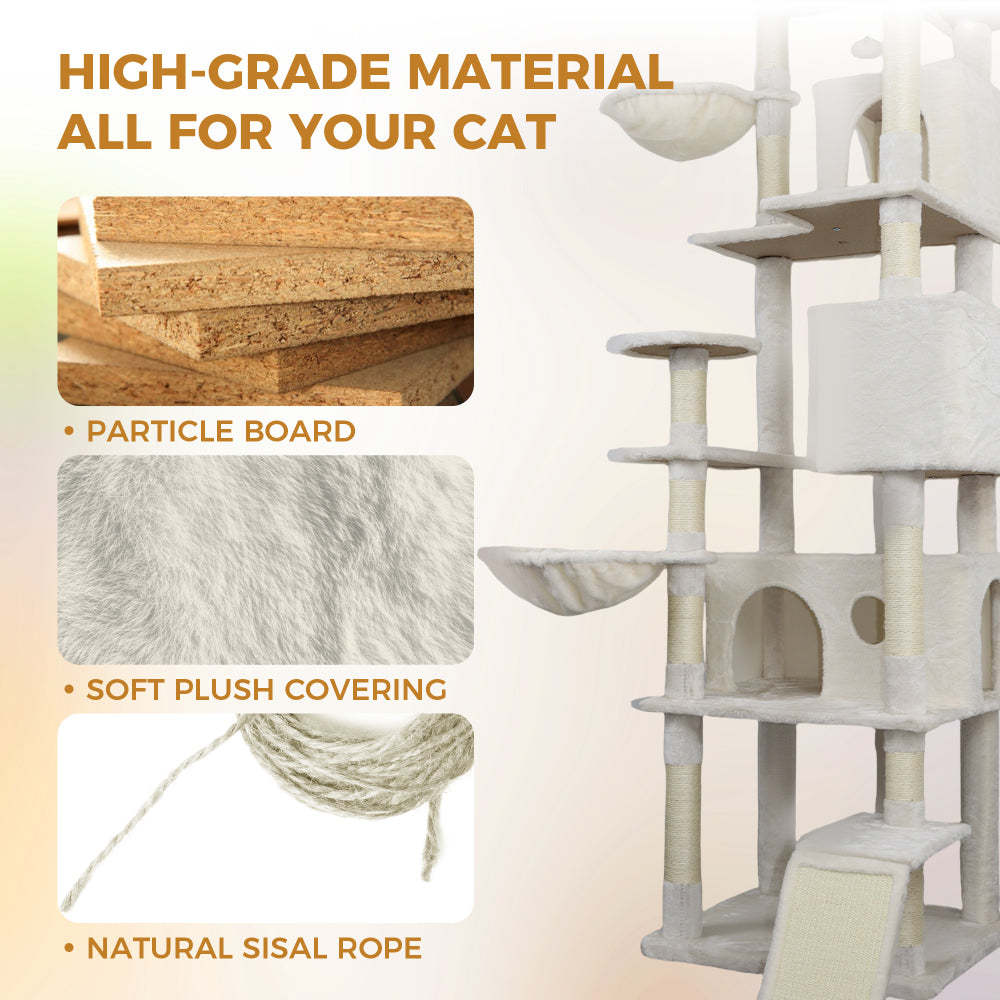 84 in Beige cat tree tower with large condo sisal scratching post big hammock and top platform