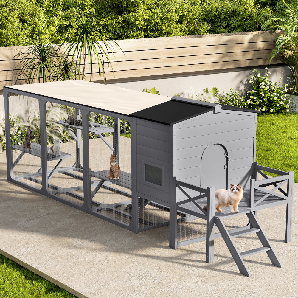 Catio Cat House Outdoor Large Cat Enclosure, Wooden Cat Cage for Multiple Cats with Jumping Platforms and Cat Swing, Removable Waterproof Cover, UV Resistant, 2 Combination, Gray