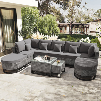 GO 7 Pieces Outdoor Wicker Sofa Set, Rattan Conservation Sectional Free Combination Set, Patio Furniture Sets with Coffee Table and Pillows for Garden and Deck, Gray