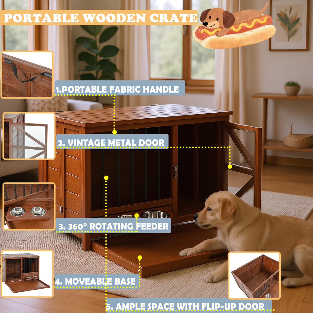 43" Solid Wood Dog Crate Furniture, Foldable Indoor Kennel with 360° Rotating Feeder Multi-Functional End Table for Small & Medium Dogs, Portable Pet Cage with Removable Tray & Easy Assembly