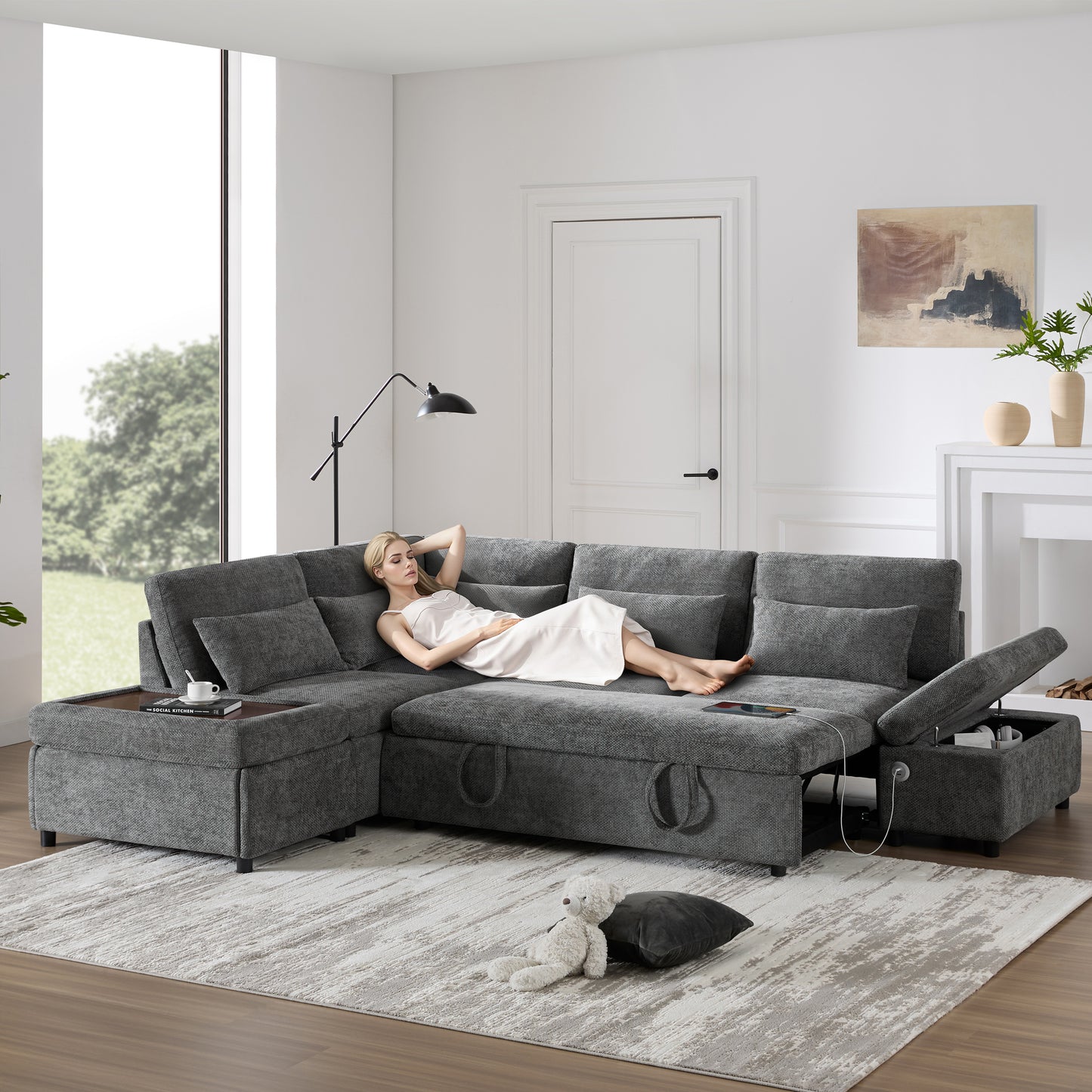 [VIDEO] 107'' Modular Sectional Pull-out Sofa, L shape with Wide Seats, Free Movement Storage Ottoman, Free Combination, Oversized Chenille Sofa for Living Room & Apartment, 2 colors