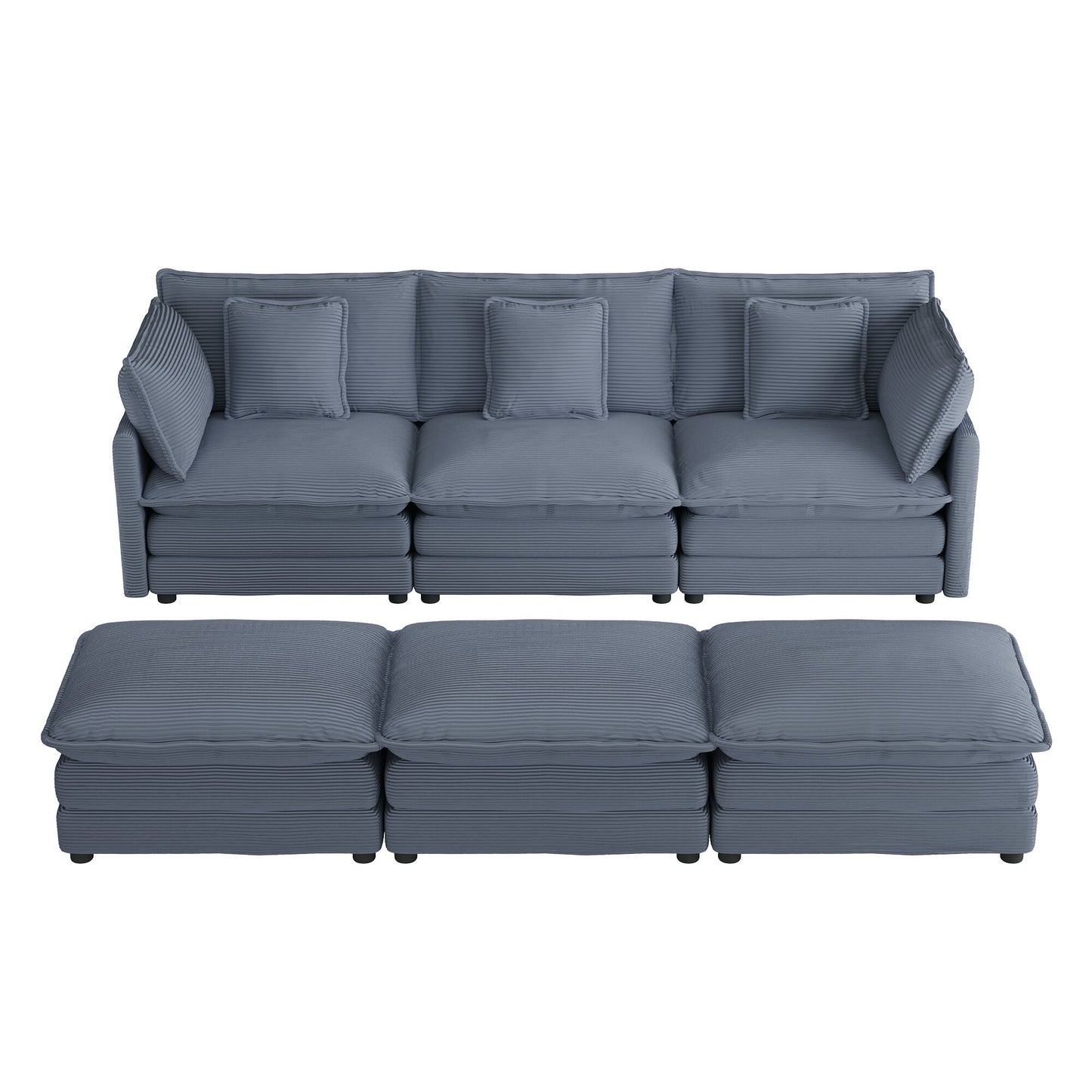 Modern Modular Sofa Couch with Side Storage Pockets and Three Movable Ottomans, Blue Corduroy, 112.6'