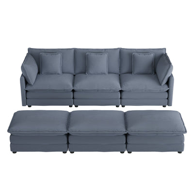 Modern Modular Sofa Couch with Side Storage Pockets and Three Movable Ottomans, Blue Corduroy, 112.6'