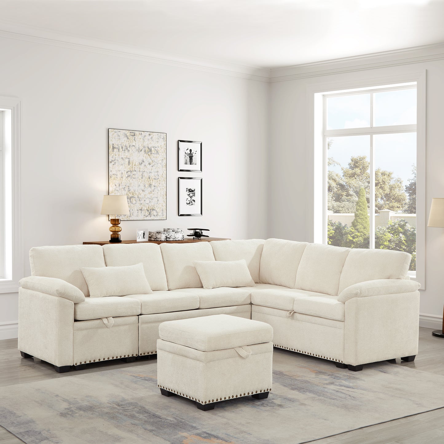 97 Inch L-Shaped Corner Sectional Sofa Couch with Seat and Storage Ottoman,Chenille Fabric Corner Couch with 7 Seats & 2 Pillows for Living Room, Beige