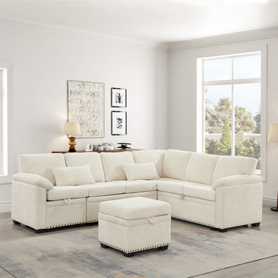 97 Inch L-Shaped Corner Sectional Sofa Couch with Seat and Storage Ottoman,Chenille Fabric Corner Couch with 7 Seats & 2 Pillows for Living Room, Beige