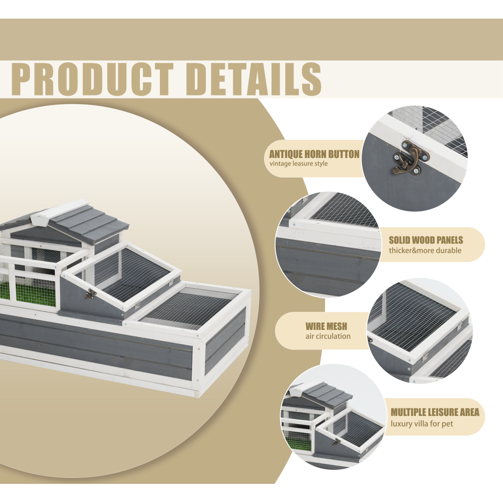 3-Room Tortoise House Habitat with Turf Balcony & 2 Stories, Indoor/Outdoor Wooden Tortoise Enclosure with Ladder, Tray, Openable Roof, Large Reptile Cage