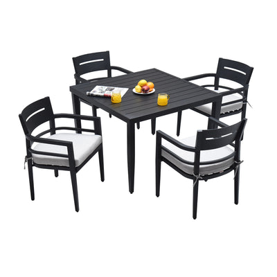 5-Piece Outdoor Patio Aluminum Furniture, Modern Dining Set, including 4 Dining Chairs Sunbrella Fabric Cushioned and 40' Square Dining Table with 2'Umbrella Hole, Ember Black