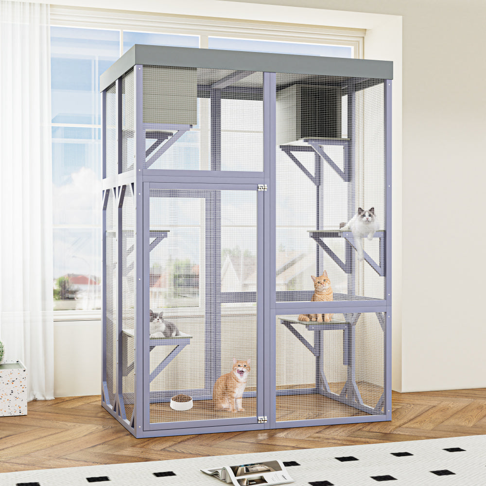 Outdoor Wooden Catio Multi-functional Cat Enclosure, 4 Platforms & 2 Napping Houses, 2 Strong Locks, Rounded Corner Design, Indoor Spacious Cage for Cats to Play Rest