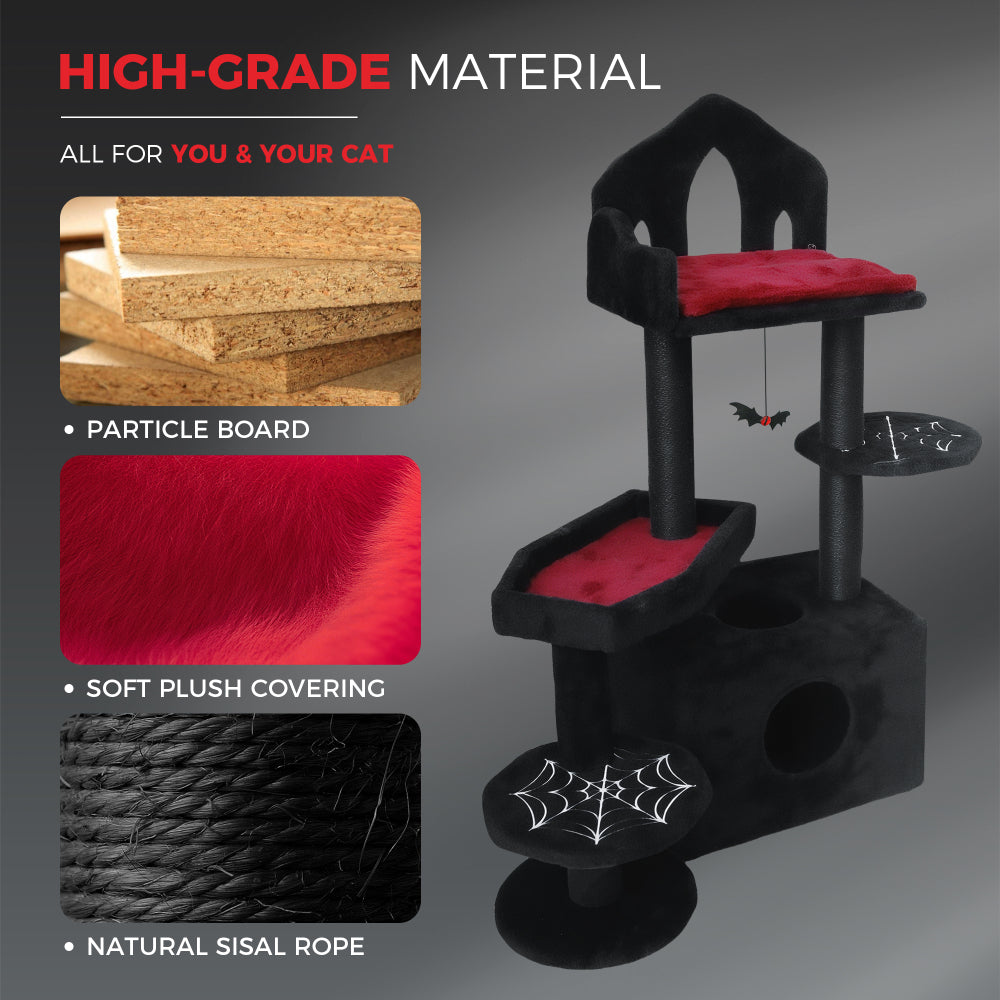 Black Gothic Cat Tree, Multi-Level Spooky Cat Tree with Scratching Posts, Perches, Hammock, and Cat Cave - Black Cat Tower for Indoor Cats with Interactive Toy, Perfect for Multiple Cats 44.5in