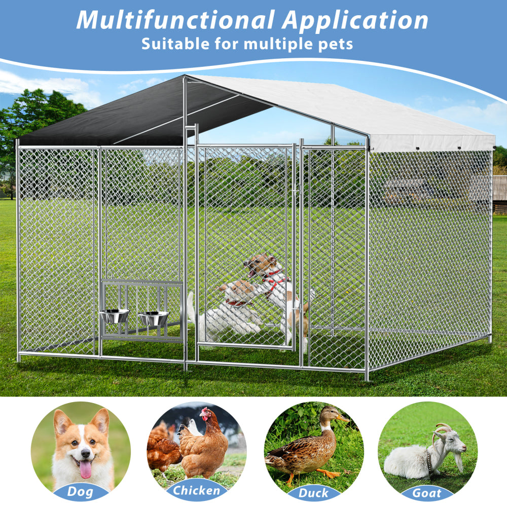 7.5'x7.5' Outside Dog Kennel with Roof Large Metal Chicken Coop with 2 Rotating Bowls and Updated Secure Lock Heavy Duty Dog Kennel for Outdoor Backyard Farm Use