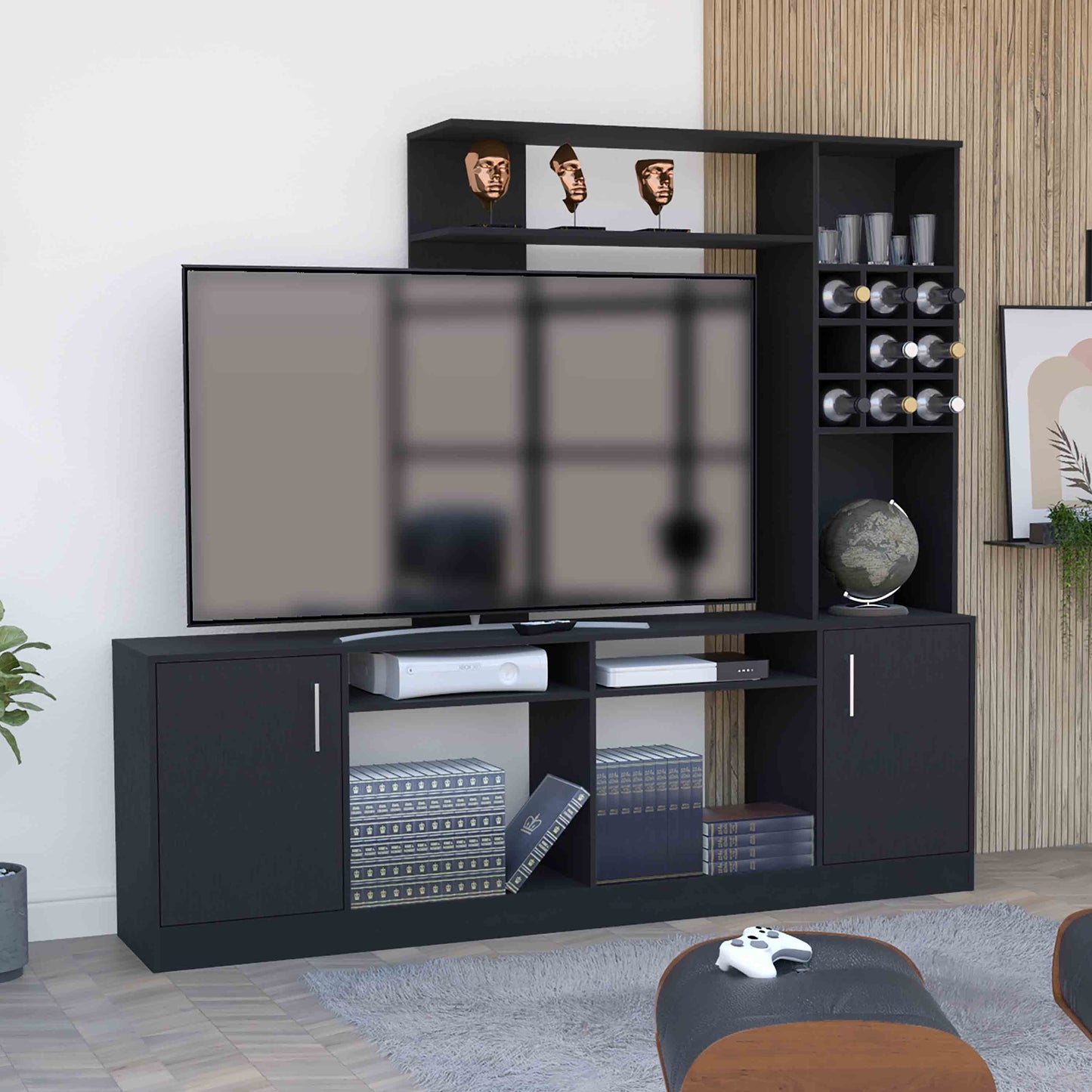 Kava Entertainment Center, Six External Shelves, Double Door Cabinet, Storage Spaces for TV¡äs up 37' -Black