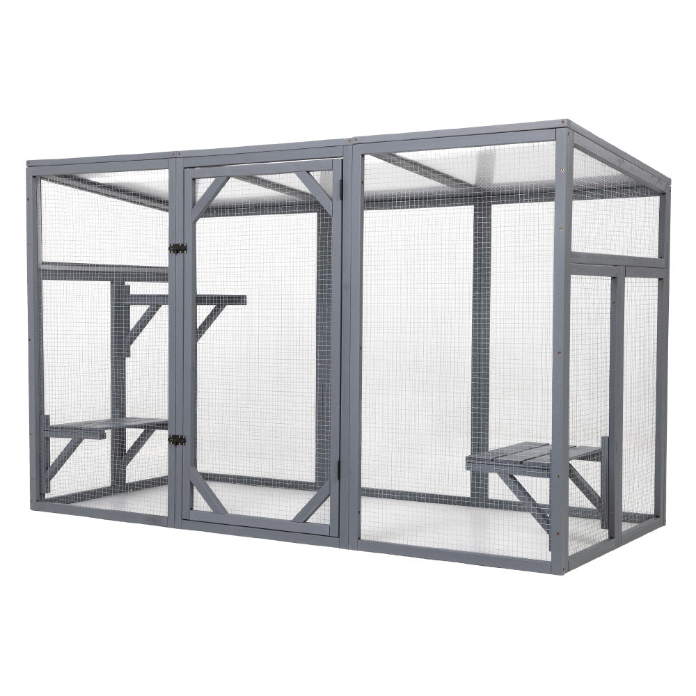 Outdoor Wood Cat Enclosure, Patio Cat Catio House with 3 Platforms, Lockable Door, Sun Sheet Roof, Large Run for Pets, Gray